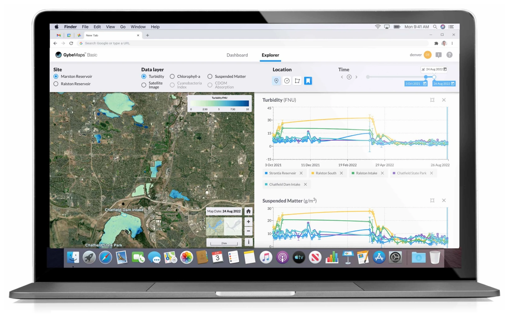 GybeMaps Explorer with reservoir locations on a map alongside turbidity and suspended-matter time-series charts