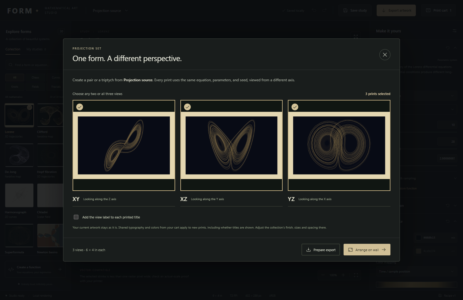 Projection-set dialog comparing views of a three-dimensional mathematical form
