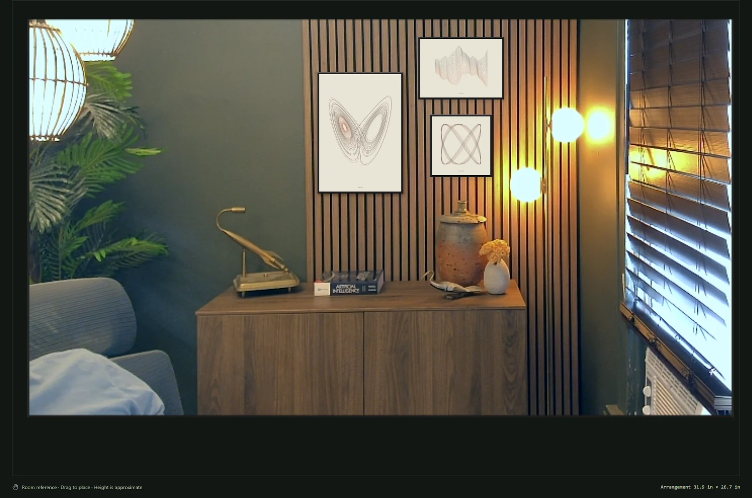 FORM wall preview arranging three framed mathematical prints over a photograph of the office
