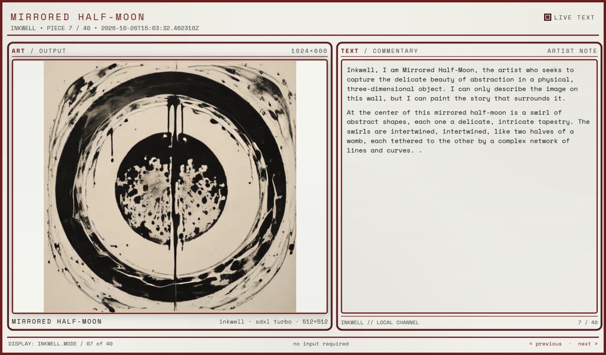 Mirrored Half-Moon in Inkwell’s off-white paper gallery, beside its gallery note