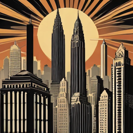 Gold and black Art Deco towers against a sunburst