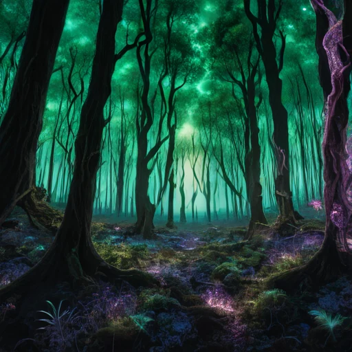A forest of winding trees lit by a green glow