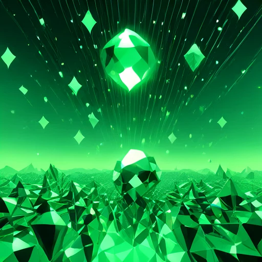 Green crystals and diamond-shaped lights under a green sky