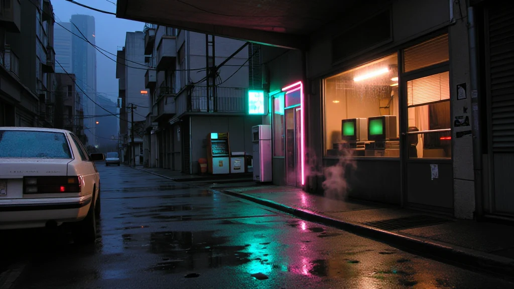 Original rainy arcade scene with a white parked car on the left