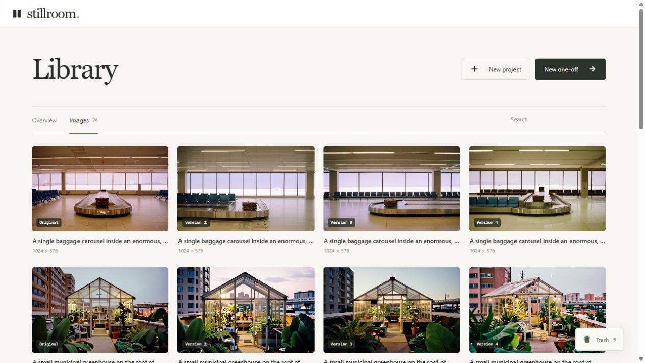 StillRoom image library with original images and multiple saved versions of each scene