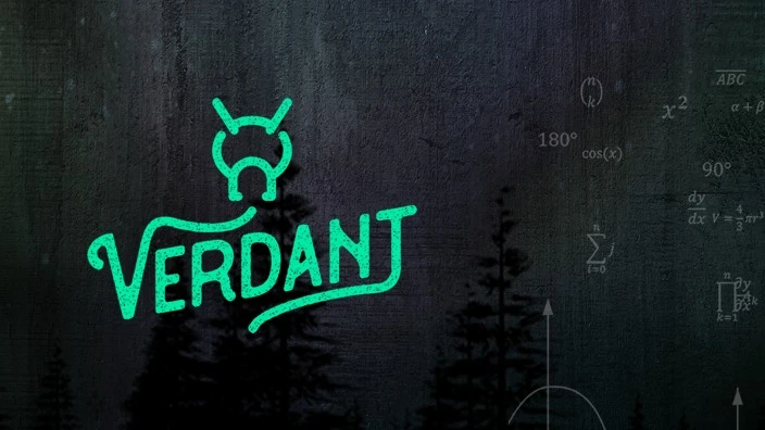 Verdant logo over a dark forest and mathematical sketches