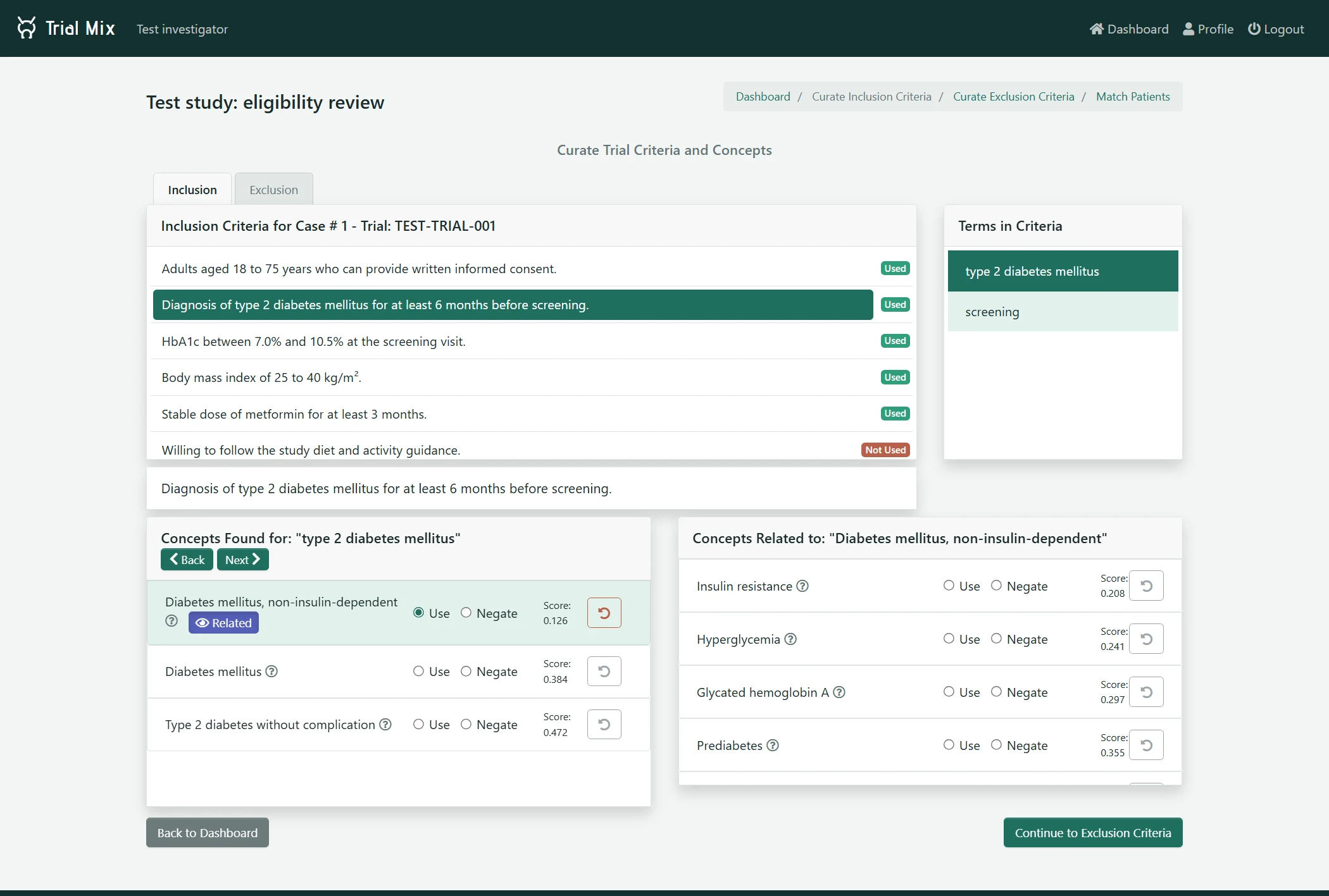 The TrialMix interface for reviewing inclusion criteria and related medical concepts